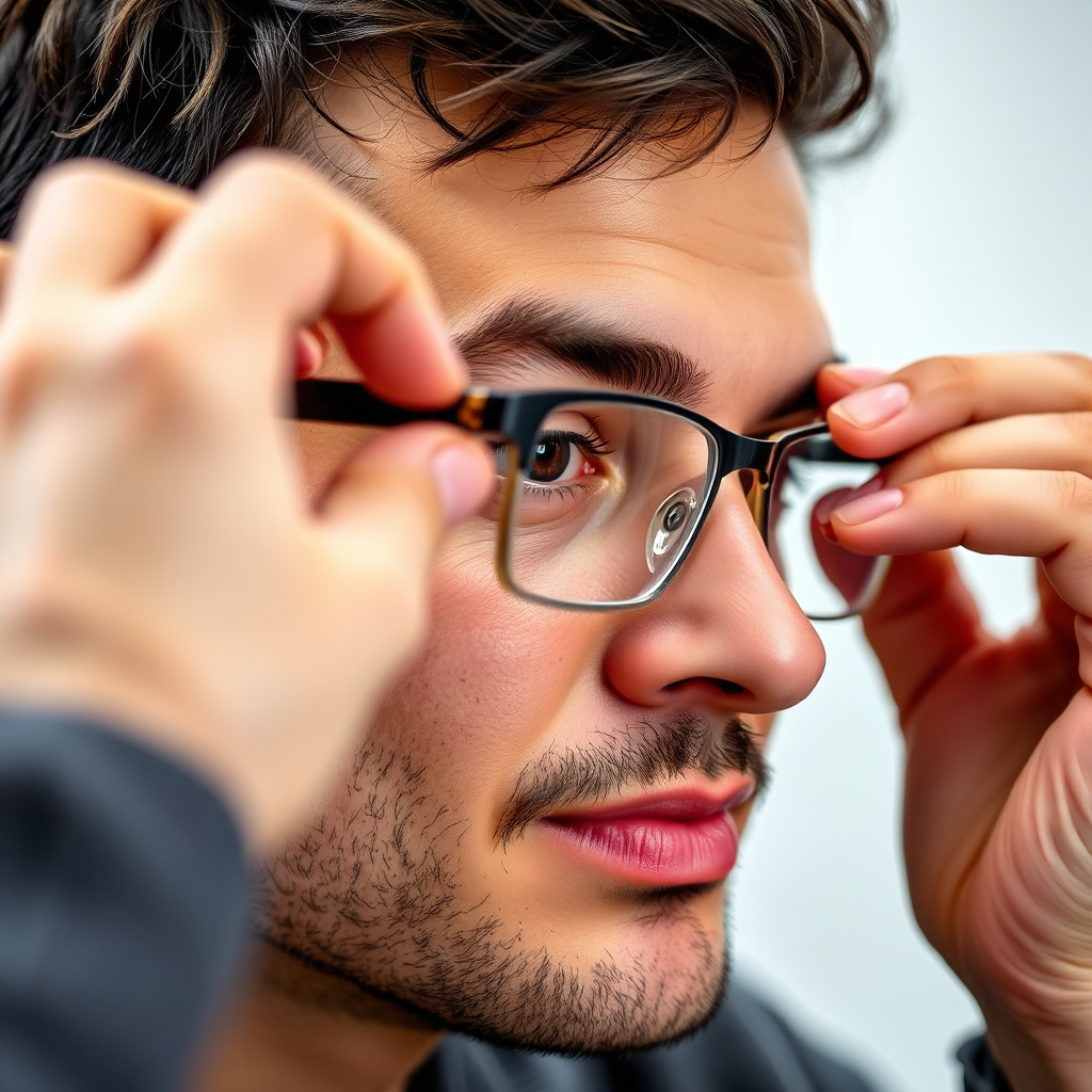 Close-up image of an optician carefully adjusting a pair of glasses on a patient's face, ensuring a comfortable and secure fit. Emphasize the precision and care involved in the process. Style reference: Detail-oriented product and service photography.