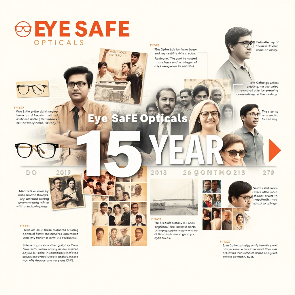 Create a photorealistic image depicting a timeline or montage showcasing Eye Safe Opticals' 15-year journey in Bangalore. The image should blend vintage and modern elements, illustrating the evolution of eyewear styles and optical technology. Include subtle visual cues representing customer satisfaction and community trust. Style: a blend of archival photography and modern graphic design.